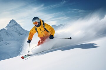 Skier Skiing On Mountain Slope.