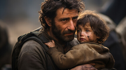 Poverty and poorness on the children face. Sad little boy in fathers arms. Refugee. - obrazy, fototapety, plakaty