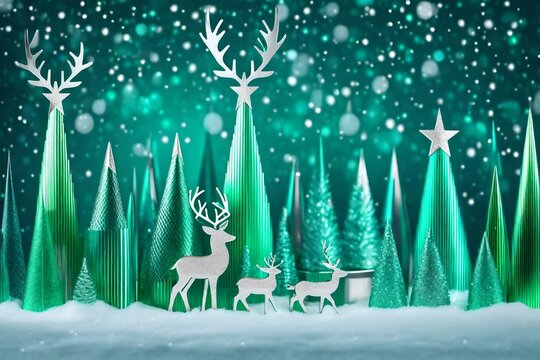 Christmas banner. Xmas Horizontal composition made of green wooden and glass Christmas trees and silver reindeer. 