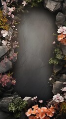 Textured background surrounded by decorative stone and florals, background image, vertical format, generative AI