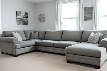 Living room with large gray sectional sofa.