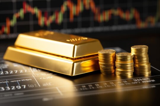 Gold bar resting on a stocks and shares graph
