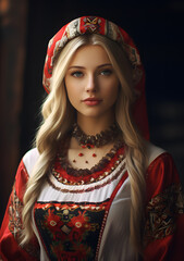 Beautiful portrait of Slavic woman in traditional dress. Russian, Ukrainian, traditional. Generative AI