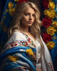 Beautiful portrait of Slavic woman in traditional dress. Russian, Ukrainian, traditional. Generative AI