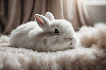 Obraz premium Close-up of a fluffy rabbit lying on a fluffy carpet with cuteness