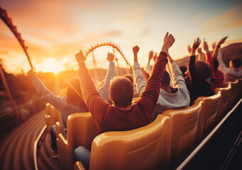 Roller Coaster Euphoria People cheering and enjoying ride at the amusement park with sunset. Generative AI