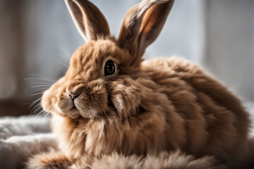 Obraz premium Close-up of a fluffy rabbit lying on a fluffy carpet with cuteness