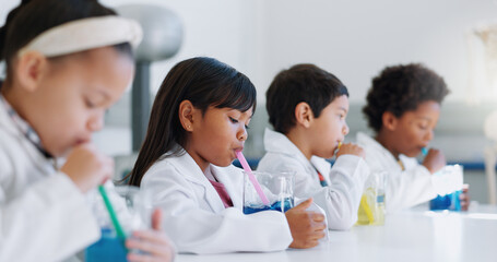School kids, experiment and liquid for science, learning and classroom for gas, idea and knowledge...