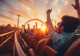 Roller Coaster Euphoria People cheering and enjoying ride at the amusement park with sunset. Generative AI - obrazy, fototapety, plakaty
