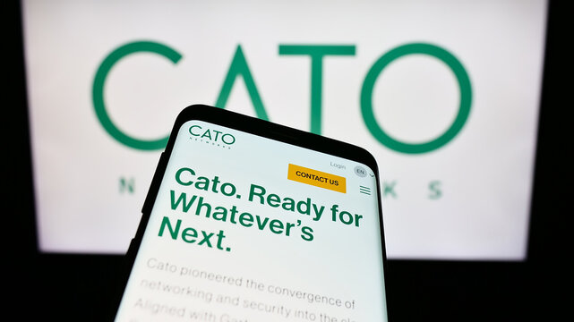 Stuttgart, Germany - 09-27-2023: Mobile phone with website of Israeli network security company Cato Networks Ltd. in front of business logo. Focus on top-left of phone display.