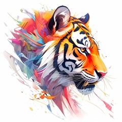 Watercolor tiger head on isolated with white background.