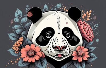 Illustration, graphic, colorful panda on dark background and flowers