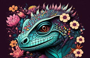 Illustration, graphic, colorful lizard on dark background and flowers