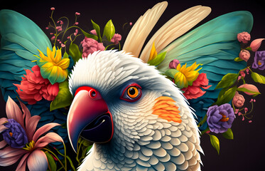 Illustration, graphic, colorful parrot on dark background and flowers