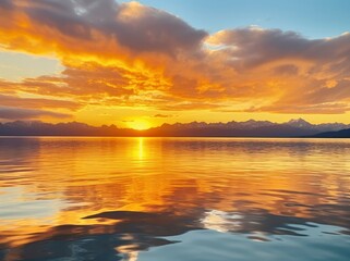 Naklejka premium Bright sunset over Lake golden clouds reflect in the water.