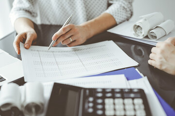 Female accountant pointing with a pen into audit paper while explaining tax counting results, close...