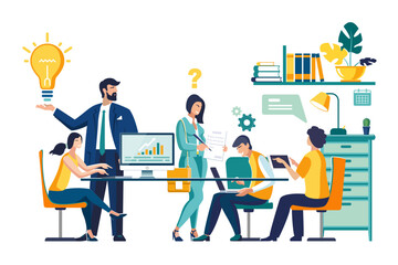 Work in the office.Business development isolated cartoon, vector illustrations set.Diverse people discussing business plan, brainstorm startup idea, create company vision, entrepreneur develop mission