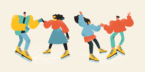 Two couples are skating. Winter sports and activities. Cute characters in flat style