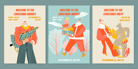 Christmas market and party invitation cards with funny Santa Clauses with Christmas tree, gifts and saxophone