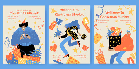 Set of vector invitation cards for Christmas market with cute cartoon characters and gifts.