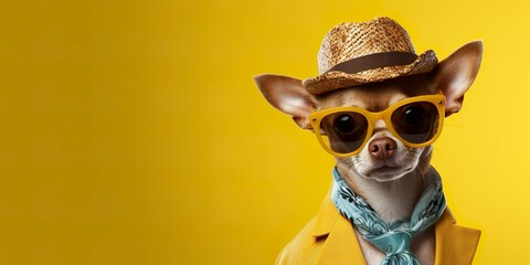 Cool looking Chihuahua dog wearing funky fashion dress. space for text right side.