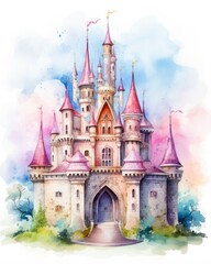 Colorful watercolor kawaii castle isolated on white background.