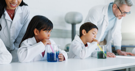 School kids, experiment and class for science, learning or teacher with info, guide and knowledge in lab. Children, boy and girl with chemistry, container and scholarship for innovation with gas