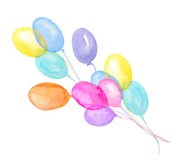 Fototapeta na wymiar Watercolor air balloons. Hand drawn pink, blue, purple, orange balloons isolated on white background.