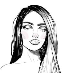 Beautiful girl with closed eyes. Girl sketch.Black and white fashion illustration