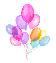 Fototapeta na wymiar Watercolor air balloons. Hand drawn pink, blue, purple, orange balloons isolated on white background.