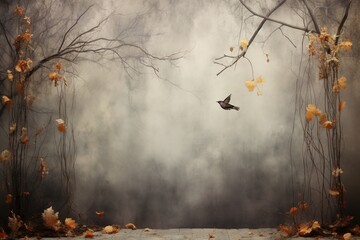 Studio background, cloudy autumn scenery. Old gray wall, dry branches, autumn leaves, vintage props.
