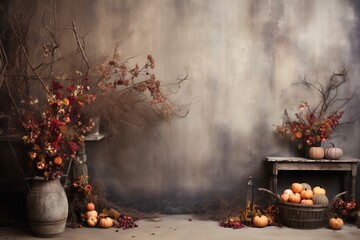 Studio background, cloudy autumn scenery. Old gray wall, dry branches, autumn leaves, vintage props.