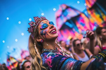A girl at a rave party dances in a crazy bright costume. Festival, concert, many cheerful people, colors of Holi. - obrazy, fototapety, plakaty
