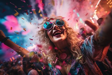 A girl at a rave party dances in a crazy bright costume. Festival, concert, many cheerful people, colors of Holi. - obrazy, fototapety, plakaty