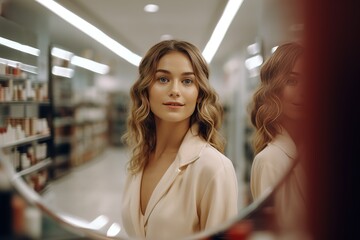 A positive European young woman in a white blouse looks at herself in the mirror in a supermarket in the cosmetics and perfumery department against the background of counters and display cases. - obrazy, fototapety, plakaty