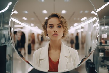 A positive European young woman in a white blouse looks at herself in the mirror in a supermarket in the cosmetics and perfumery department against the background of counters and display cases.