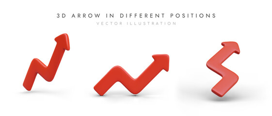 Set of red business curved arrows on white background. Colored vector icons. Isolated illustrations with shadows. Symbols of direction, growth, fall. Hint to click