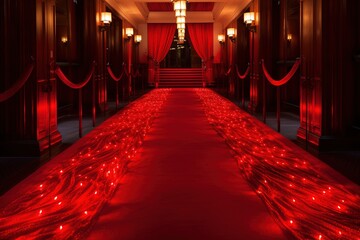 A long brightly lit corridor, a red carpet in the luxurious interior of a hotel, gallery, palace. Podium for fashion shows, famous actors, world stars.