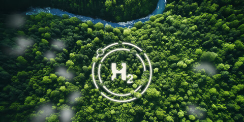 Hydrogen H2 energy, hydrogen power, clean energy icon on the top view of the forest for environmental sustainability, limit global warming and climate change, reducing carbon emissions concept. - obrazy, fototapety, plakaty