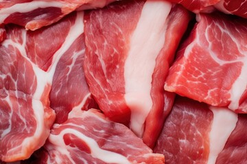 Macro shot of pork meat. Meat textured background. Beef steak is raw and juicy.