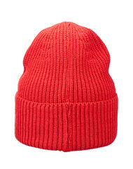 Beautiful knitted winter hat in bright red color made of wool yarn, isolated on a white background. Rear view. - 664801968