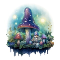 Watercolor Moonlit Glow of Enchanted Mushrooms for T-shirt Design.