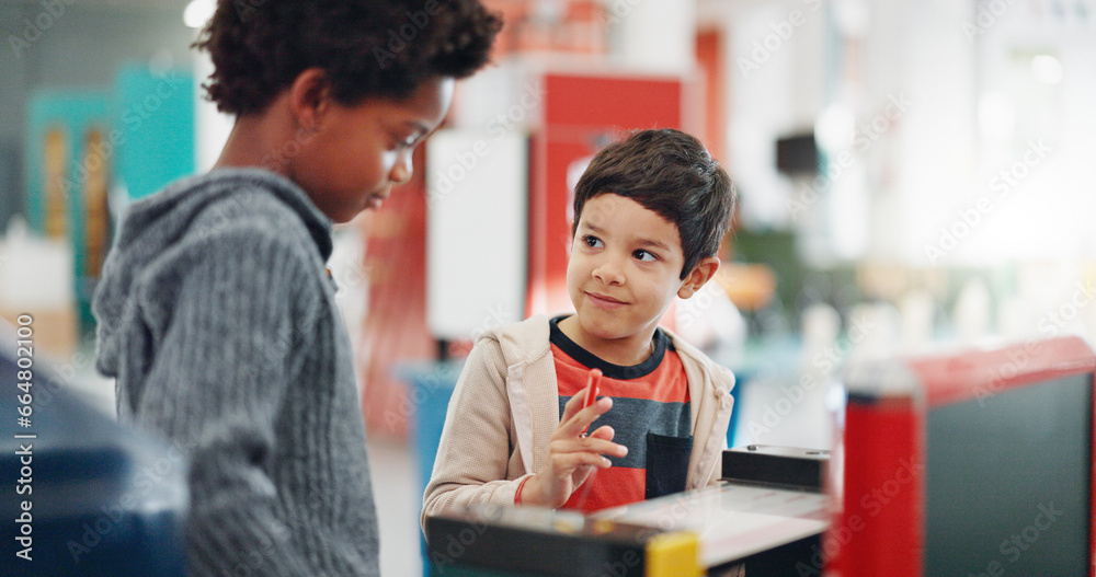 Poster young students, classroom and science equipment for education, experiment and learning with toys. bo