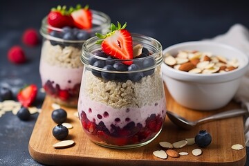 Mixed berries overnight oats with almond flakes in a glass jar, healthy breakfast.