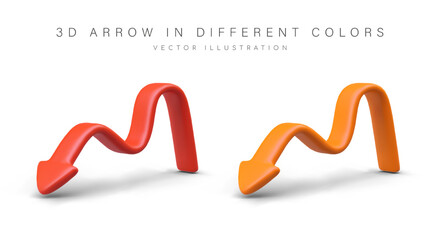 Flexible arrows in plasticine style. Set of colored vector images. Downward movement, decline, weakening. Red and orange direction sign. Illustrations on white background - obrazy, fototapety, plakaty