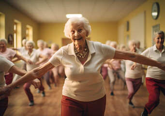 Senior group doing exercise in gym. Elderly women having physiotherapy class. Generative AI