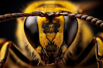 A close-up image of a bee with the head of the bee clearly visible.	