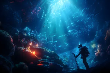 Fotobehang Exploring the Depths: A Marine Biologist Diving into the Deep Dark Ocean © Bendix
