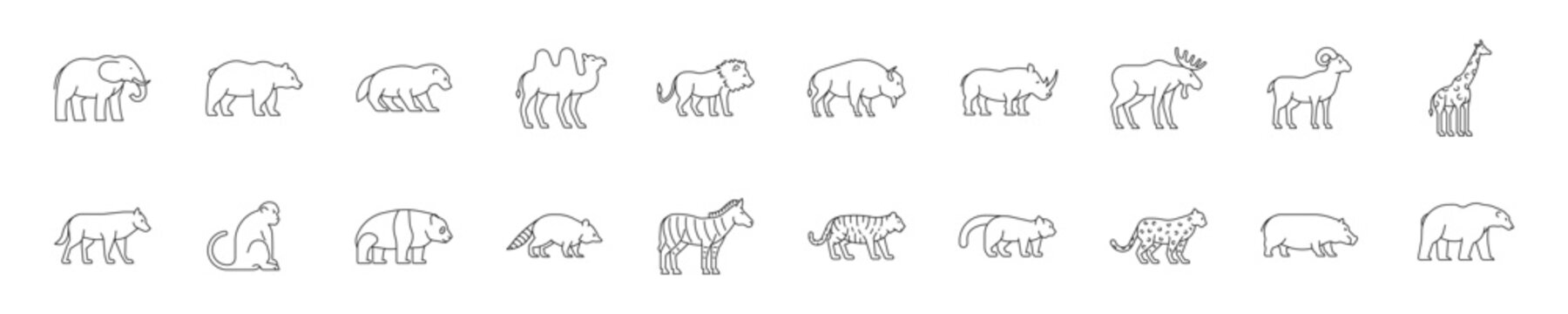 Set of icons with wild animals in linear style. Vector illustration.