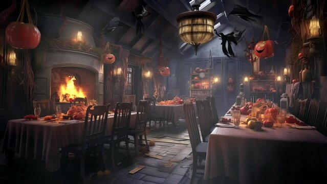 restaurant with Halloween design, seamless looping video background animation, cartoon anime style
